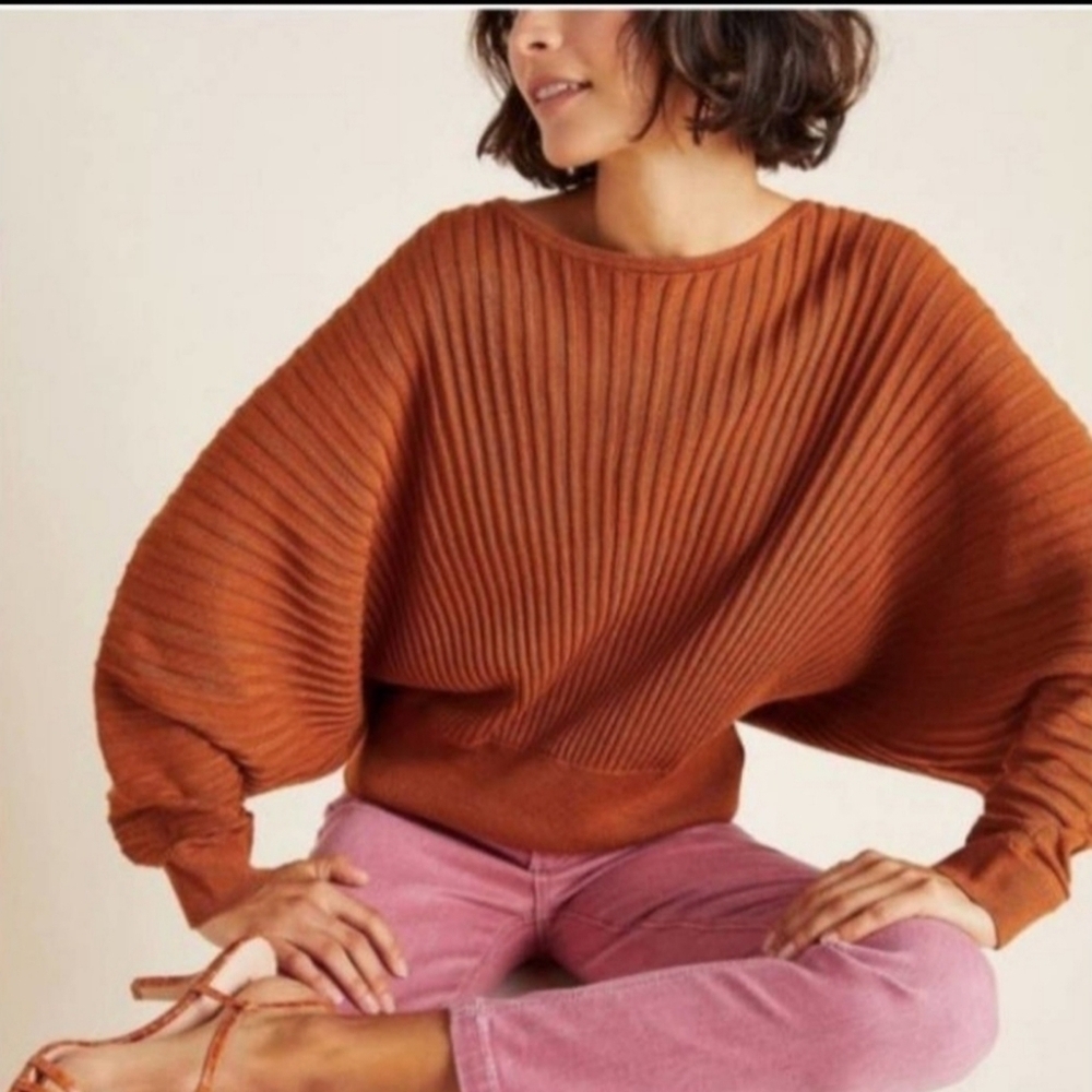 Anthropologie Karla boat neck burnt orange rust ribbed dolman sleeve sweater